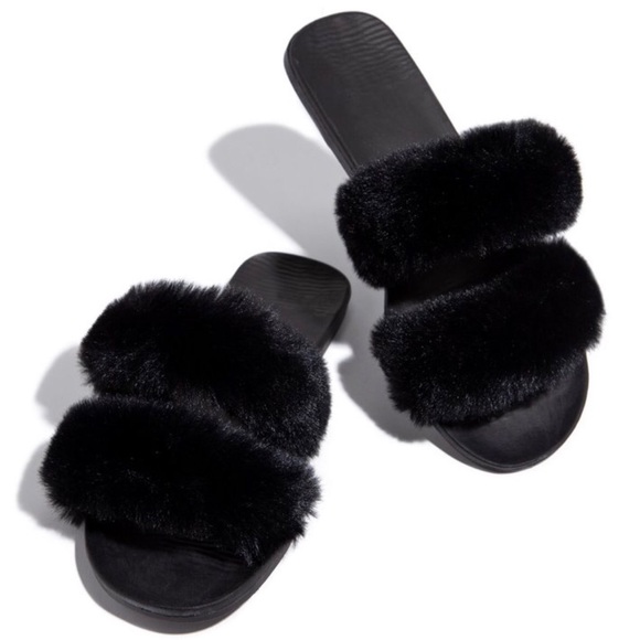 Double Band Black Faux Fur Slides Sandal Slippers - Picture 4 of 7